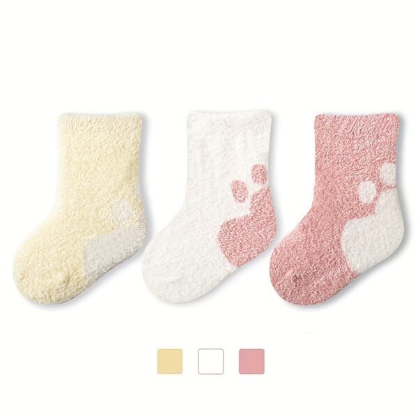 3-Pack Cozy Fleece Baby Socks with Cute Cat Paw Pattern, Polyester Knit Fabric, Knee-Length Warm Plush Socks for Infants, Animal Design, Hand Wash Only - Fall/Winter Collection - Image 2