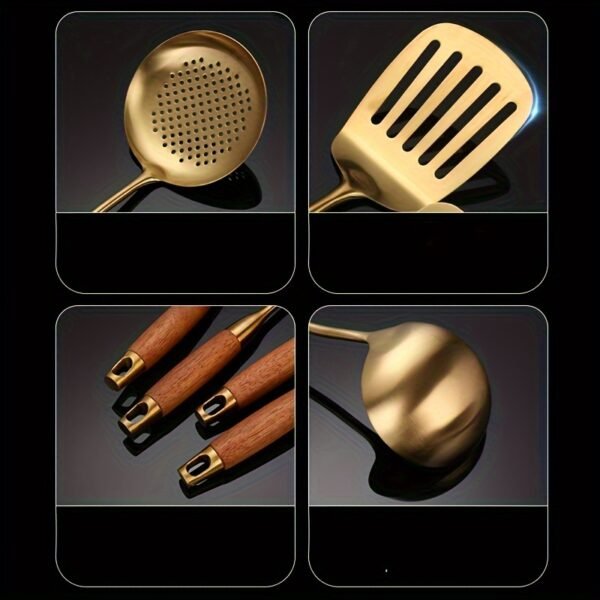 6pcs Luxury Golden Stainless Steel Kitchen Utensil Set - Includes Spatula, Ladle, Slotted Turner & More - Perfect for Cooking, Baking & Serving - Ideal Gift for Holidays - Image 5