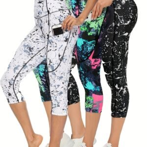 3pcs High Elastic Print Running Workout Capri Leggings With Pocket, Women's Slim Fitness Yoga Pants, Activewear