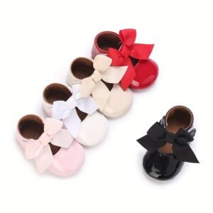 Trendy Elegant Bowknot Mary Jane Shoes For Baby Girls, Comfortable Lightweight Non Slip Soft Flat Sole Shoes For Indoor Outdoor Party, Spring And Autumn