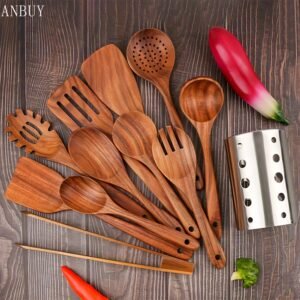 12pcs Wooden Kitchen Utensil Set, Wood Utensils Cooking Set Wood Spoons for Cooking, Spatulas Non-Stick for Cookware Kitchen Gadgets