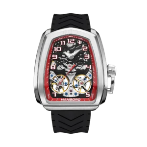 Hanboro Luxury Skeleton High Quality Ribbon Men's Automatic Mechanical Tonneau Double Flying Wheel Sports Waterproof Watch